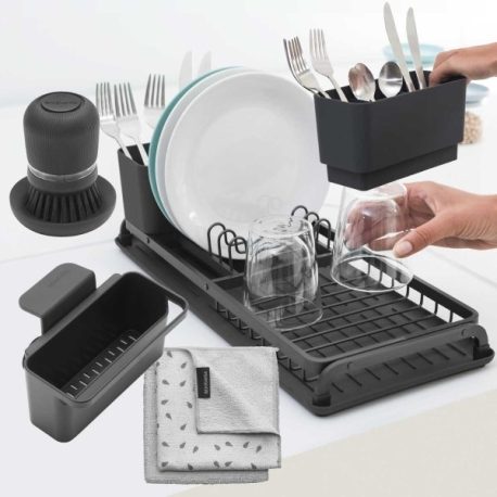 סט מסביב לכיור שחור Brabantia: מתקן ייבוש כלים קטן, אורגנייזר בתוך הכיור, מברשת כלים וזוג מגבות מטבח לכלים מיקרופייבר ברבנטיה